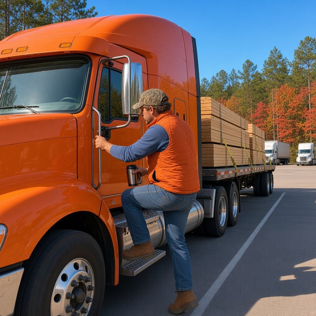 A trucker climbs down from a semi cab at a Georgia truck stop lined with pine trees in autumn
