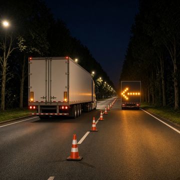 Orange cones and a flashing amber arrow board on a quiet multi-lane highway at night, a semi truck passing slowly in a far lane