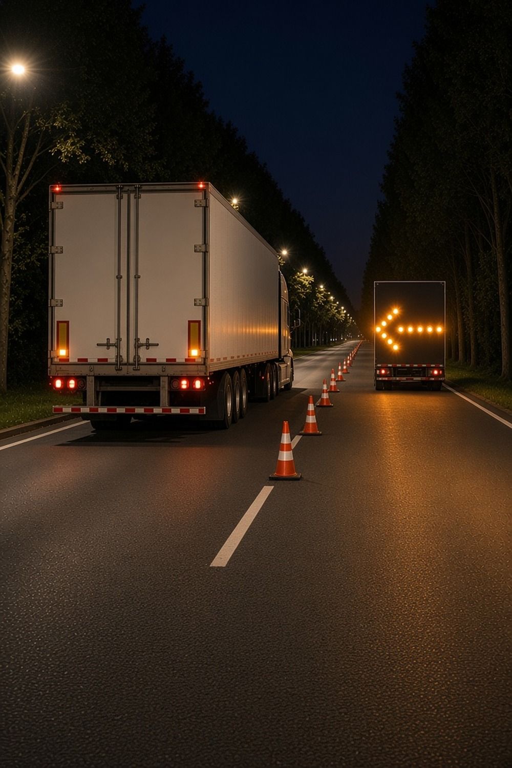 Orange cones and a flashing amber arrow board on a quiet multi-lane highway at night, a semi truck passing slowly in a far lane