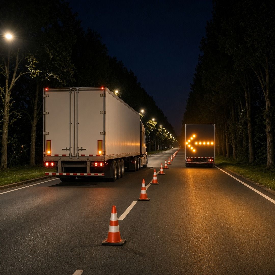 Orange cones and a flashing amber arrow board on a quiet multi-lane highway at night, a semi truck passing slowly in a far lane