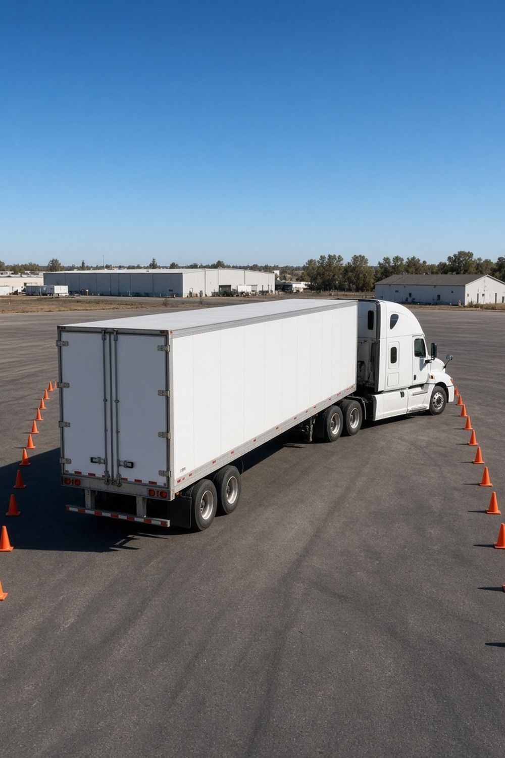 A white semi truck and trailer backing between rows of orange cones in a paved training yard under a blue sky