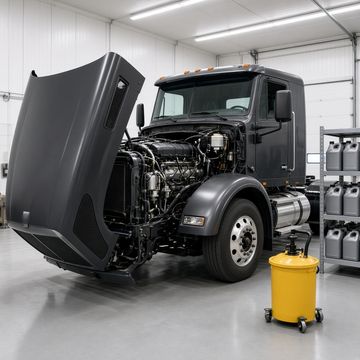 A semi truck parked inside a clean service bay with its hood tilted forward under bright shop lights