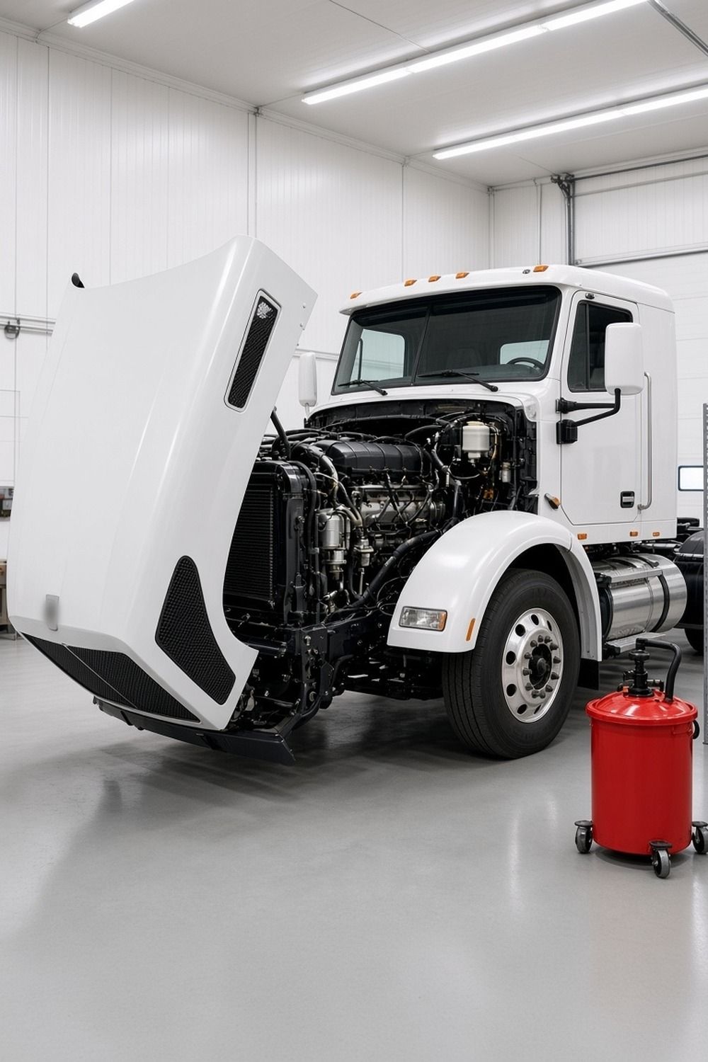 A semi truck parked inside a clean service bay with its hood tilted forward under bright shop lights