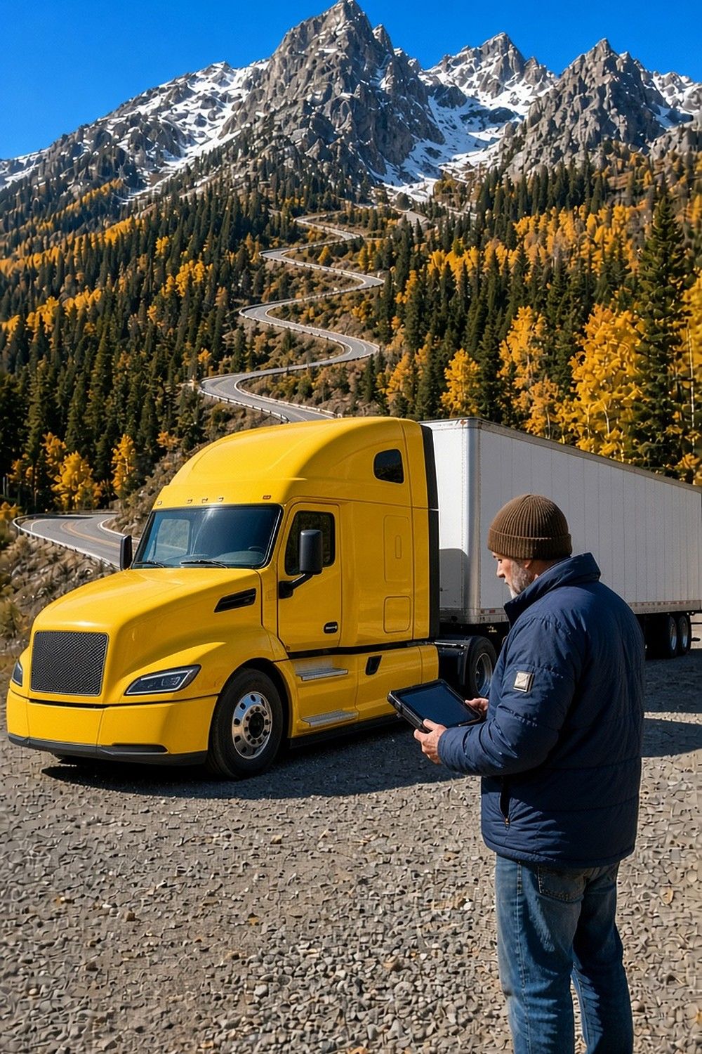 A man with a tablet stands beside a yellow semi on a gravel pullout below a winding mountain road and snow-dusted peaks