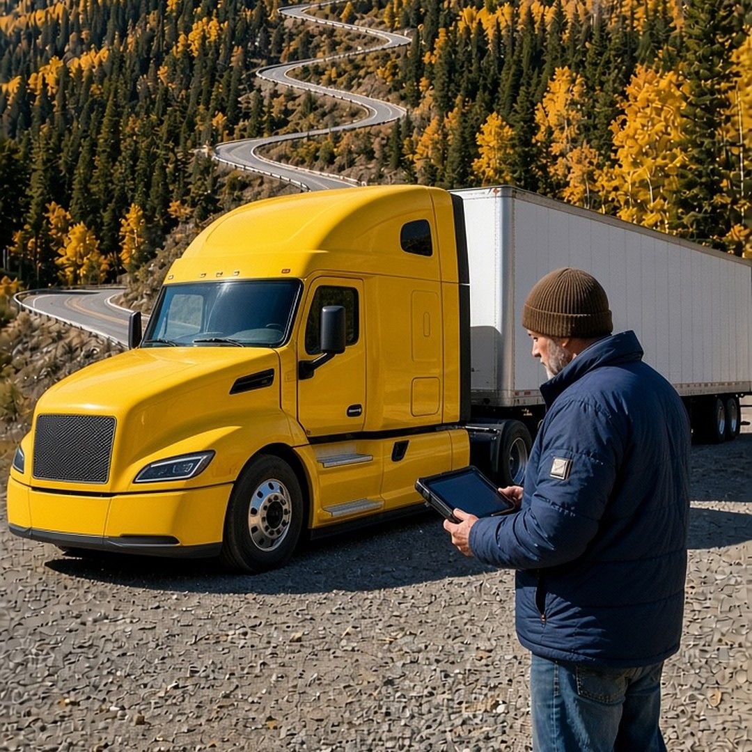 A man with a tablet stands beside a yellow semi on a gravel pullout below a winding mountain road through autumn aspens and pines