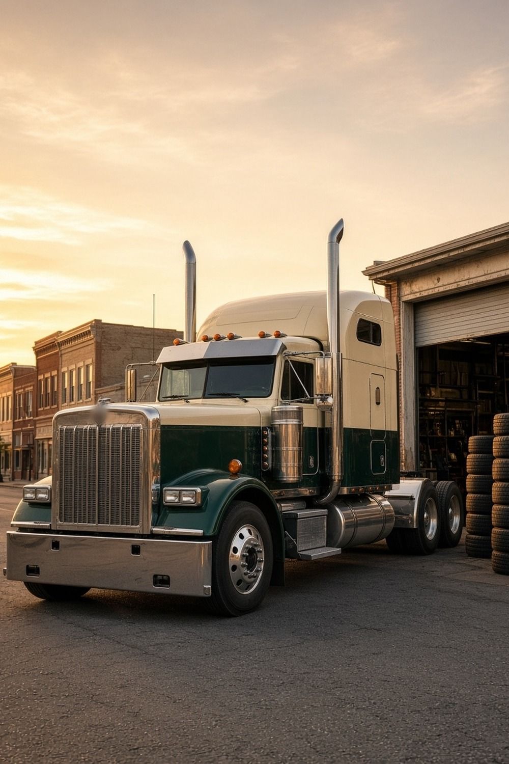 A classic semi truck parked outside a small town tire shop with stacks of truck tires at golden hour