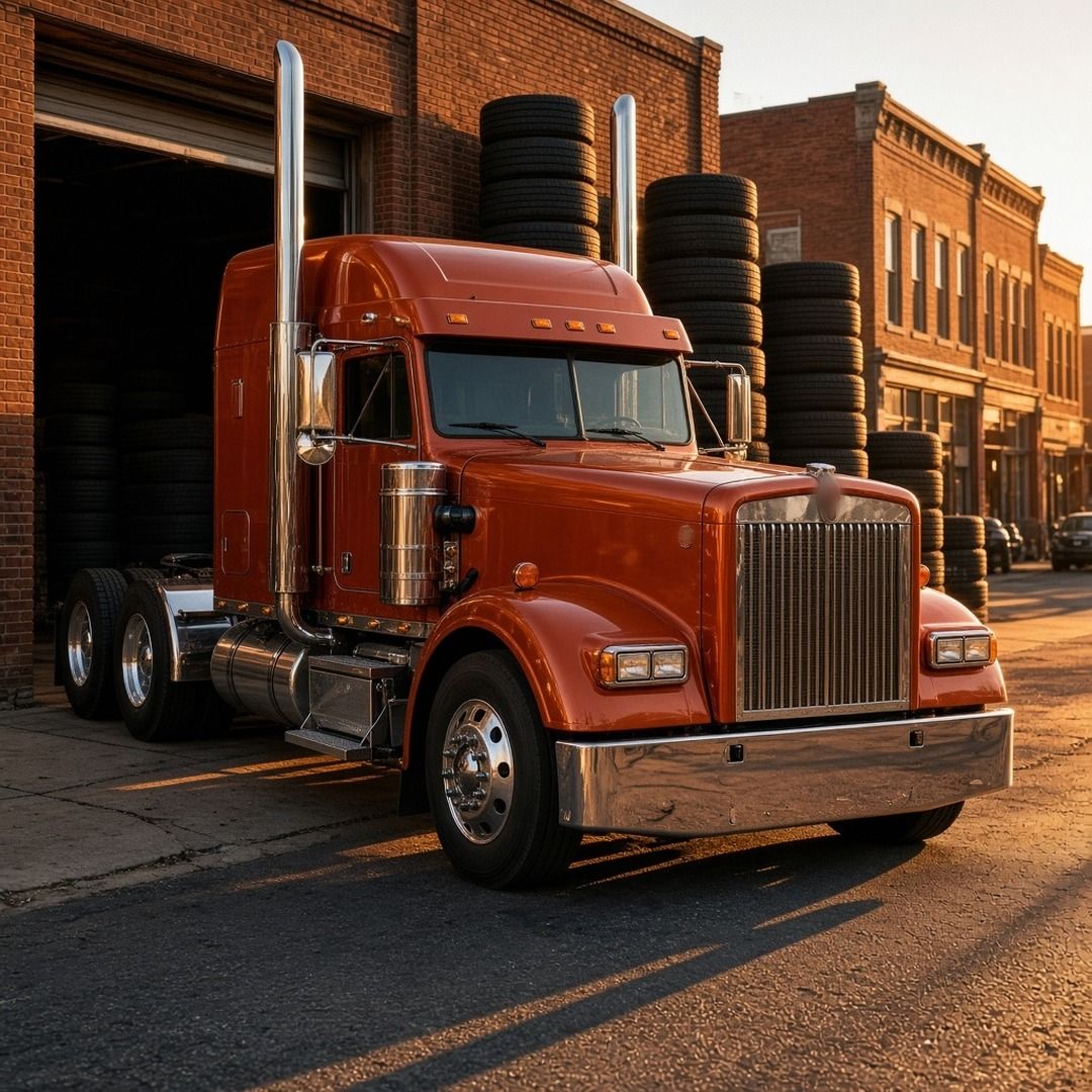 A classic semi truck parked outside a small town tire shop with stacks of truck tires at golden hour