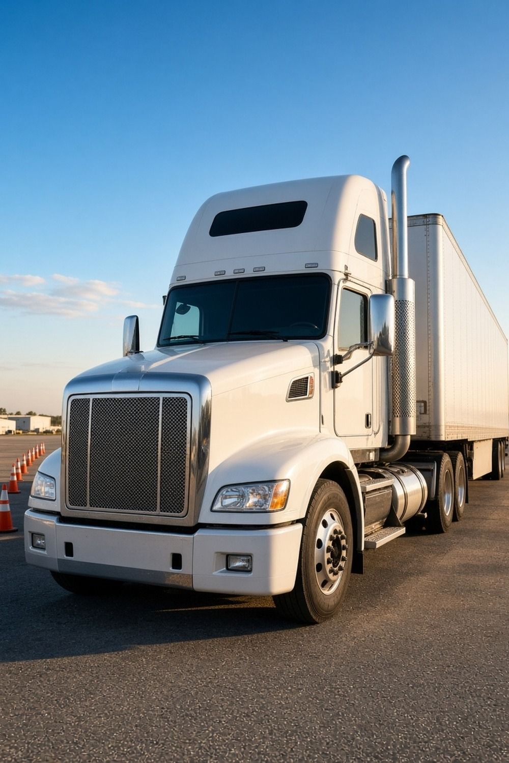 A white semi truck parked beside orange cones at a CDL testing yard under a clear morning sky
