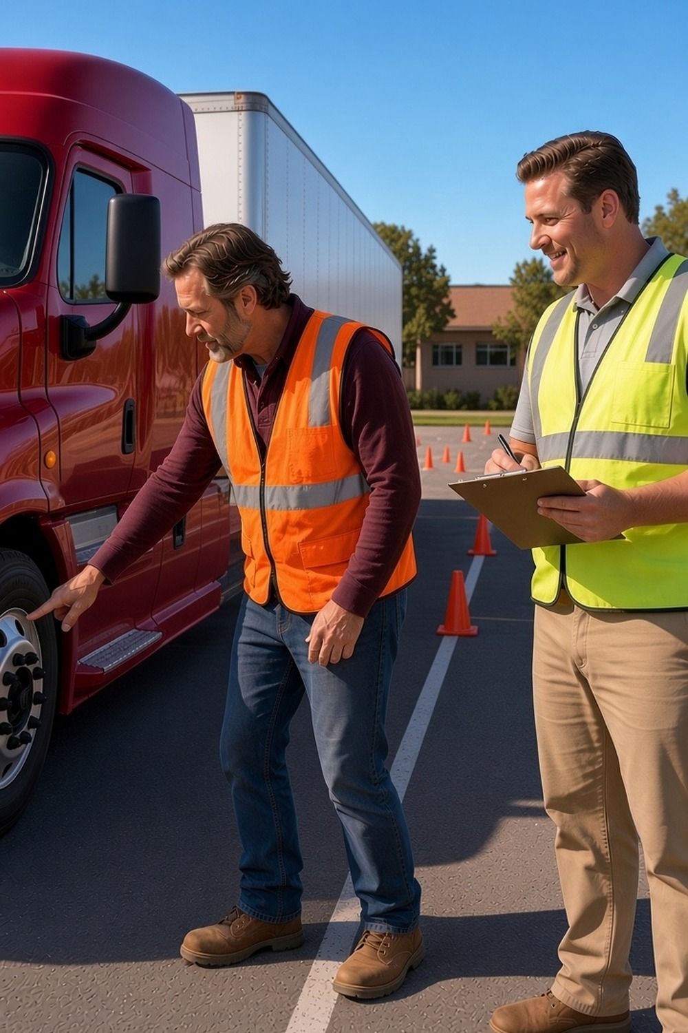 A trainee in his 50s checks a red semi truck front tire as a smiling instructor takes notes on a cone-lined training yard