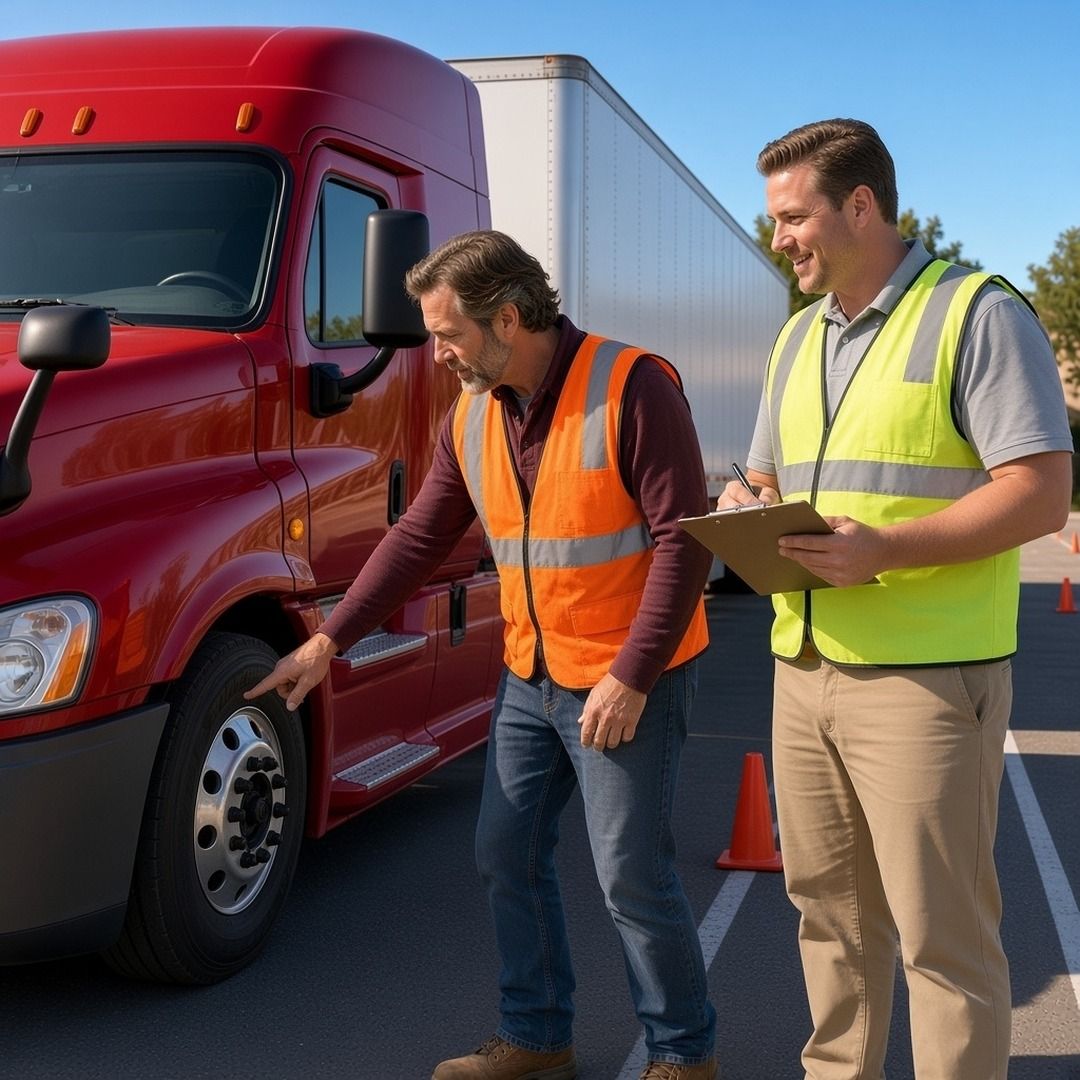 A gray-bearded trainee in an orange safety vest points at a red semi truck tire as an instructor with a clipboard smiles