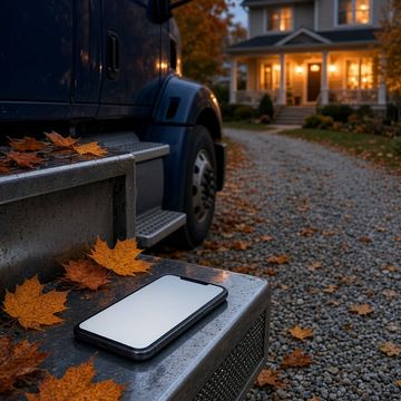 Close-up of a navy semi truck cab step with autumn leaves and a phone resting on it, parked in the driveway of a lit family home at dusk