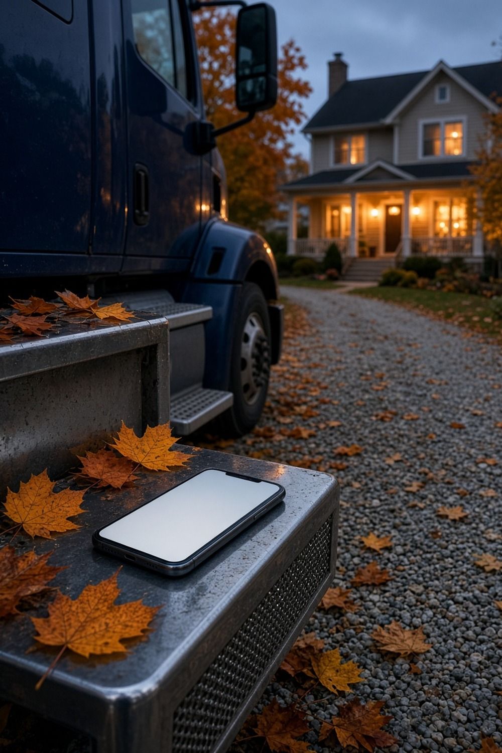 Close-up of a navy semi truck cab step with autumn leaves and a phone resting on it, parked in the driveway of a lit family home at dusk