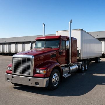A clean semi truck parked in front of a row of trailers at a quiet carrier terminal on a bright morning