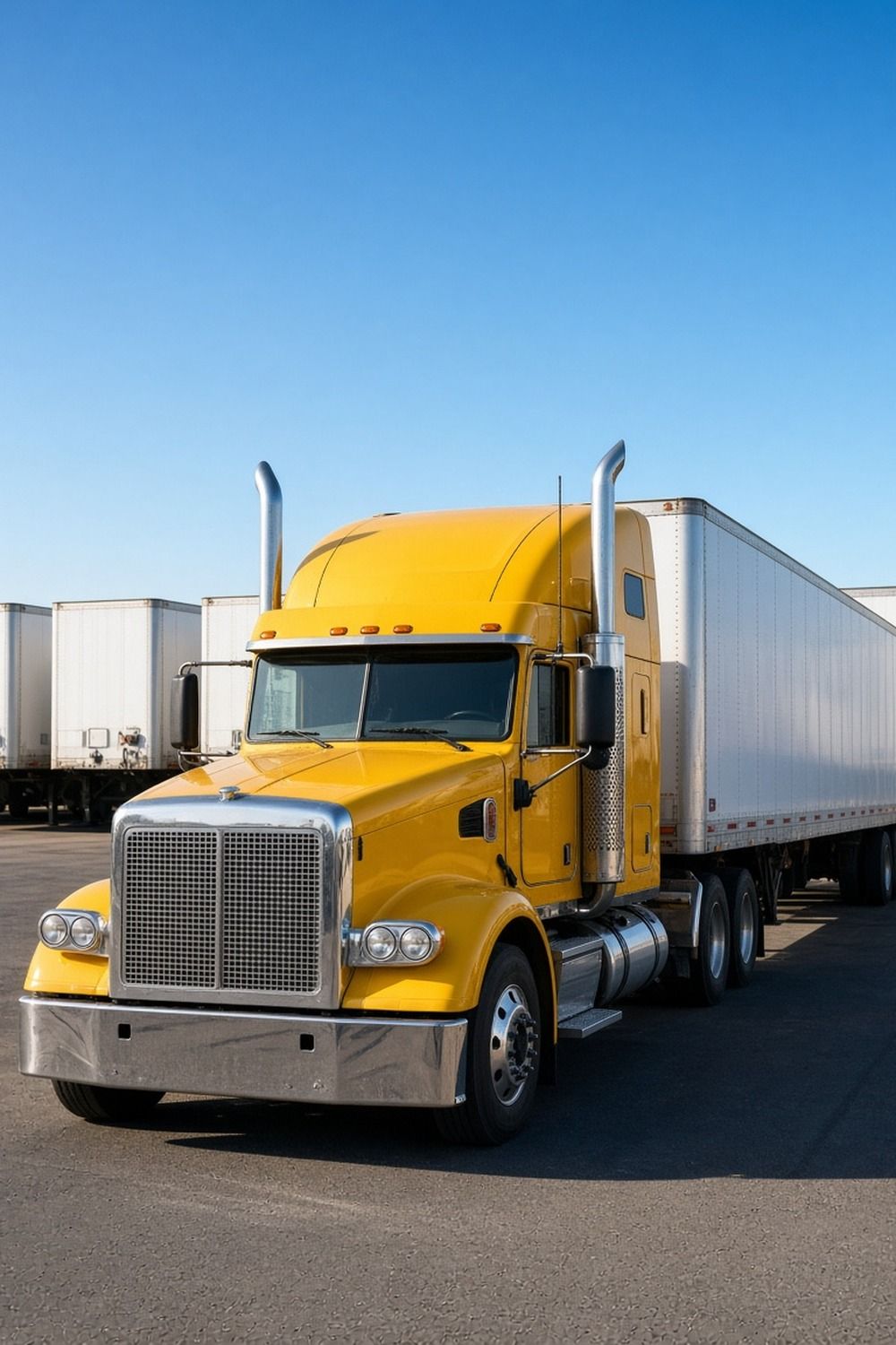 A semi truck parked at a tidy trucking terminal yard with trailers lined up behind it under a bright morning sky