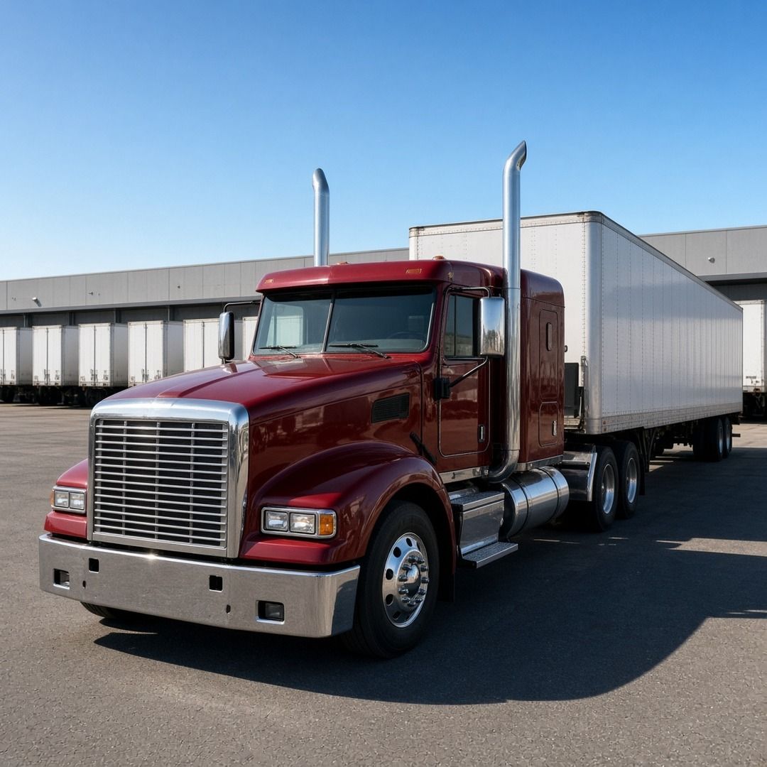 A clean semi truck parked in front of a row of trailers at a quiet carrier terminal on a bright morning