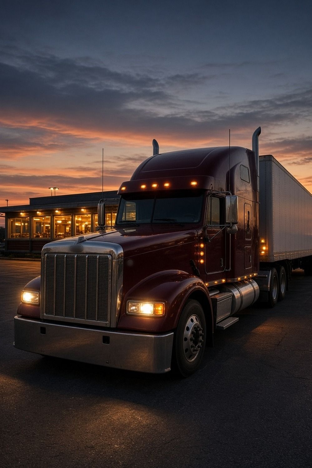 A semi truck parked outside a lit roadside diner at a truck stop under an evening sky