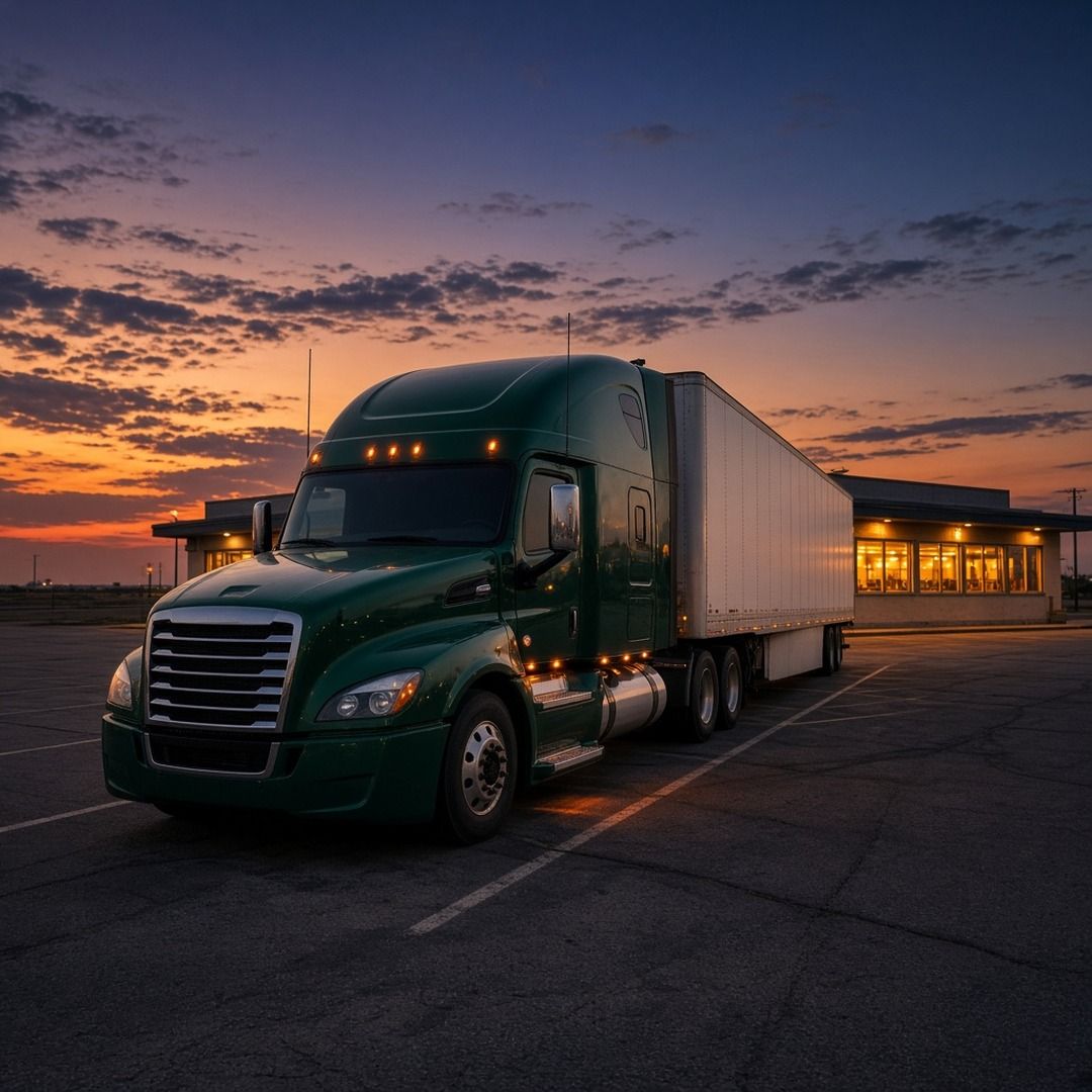 A semi truck parked in front of a roadside truck stop diner with warm lights glowing at dusk