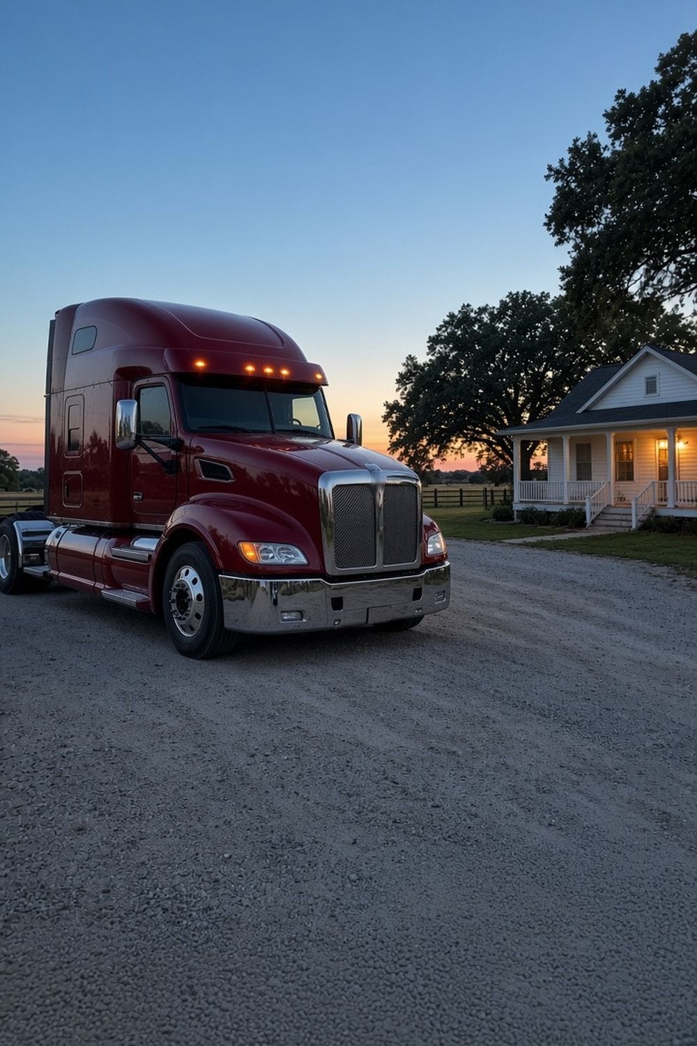 A red semi tractor parked on a gravel drive beside a white country home at dusk, with the porch light on