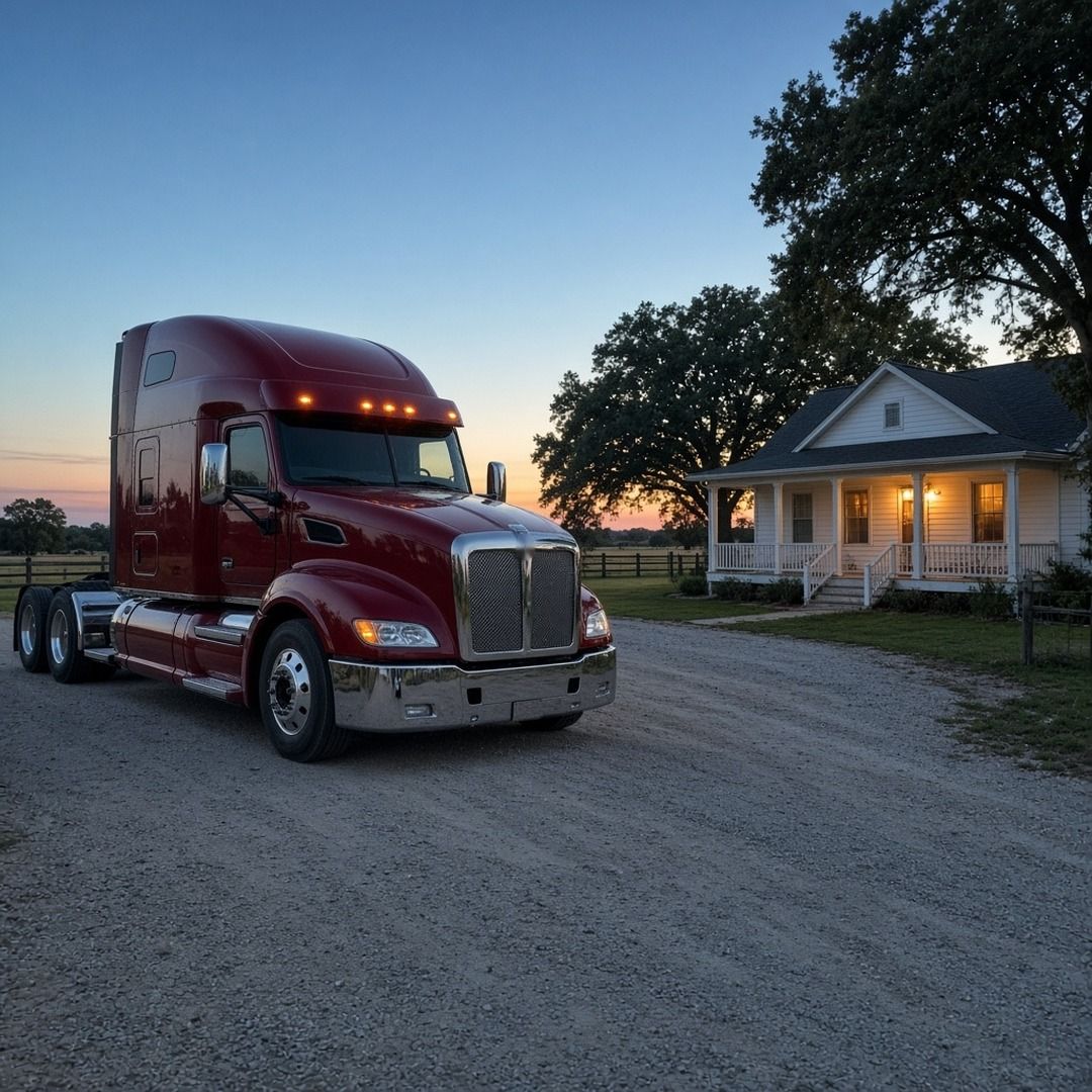 A red semi tractor parked on a gravel drive beside a white country home at dusk, with the porch light on