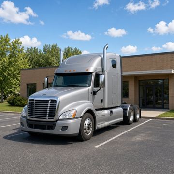 A clean semi truck parked in the lot of a small one story medical clinic on a sunny morning