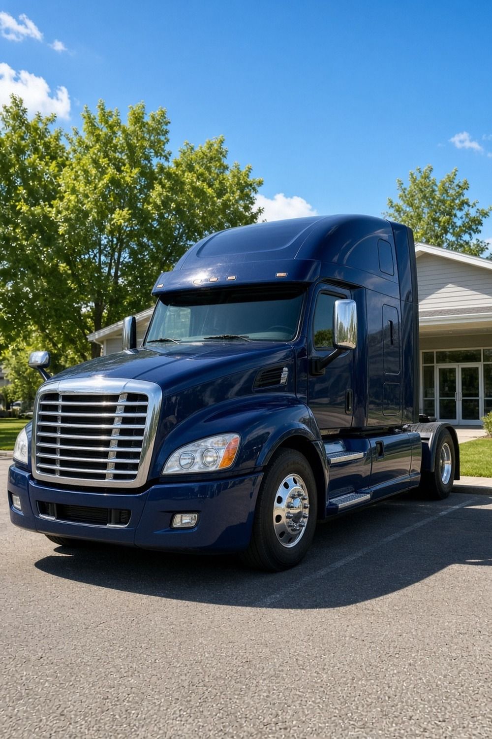 A semi truck parked beside a quiet small town clinic building under a bright morning sky