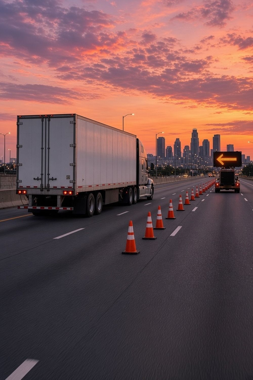 A semi truck passing orange cones and a flashing amber arrow board in a closed lane on an urban interstate