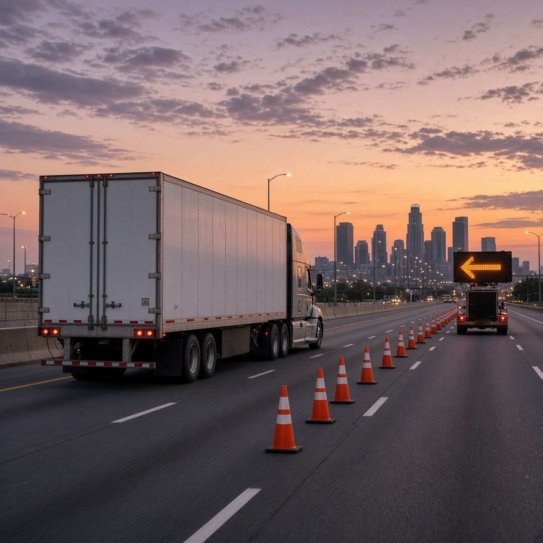 A semi truck passing orange cones and a flashing amber arrow board in a closed lane on an urban interstate