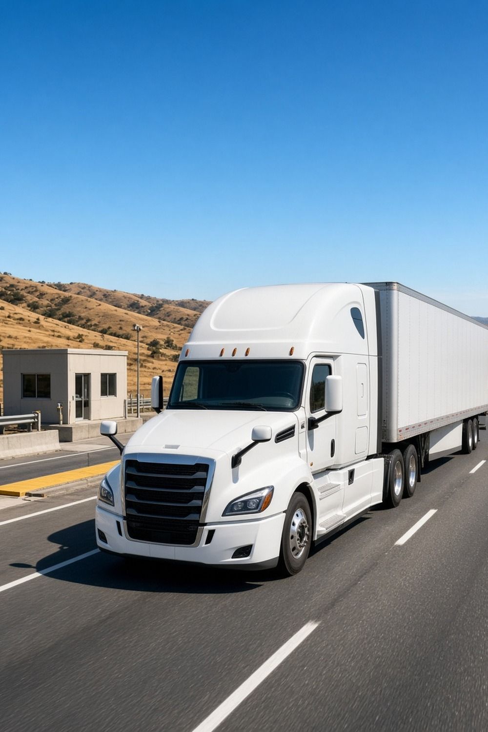 A semi truck rolling on a freeway past a truck scale facility with brown hills behind it on a clear day