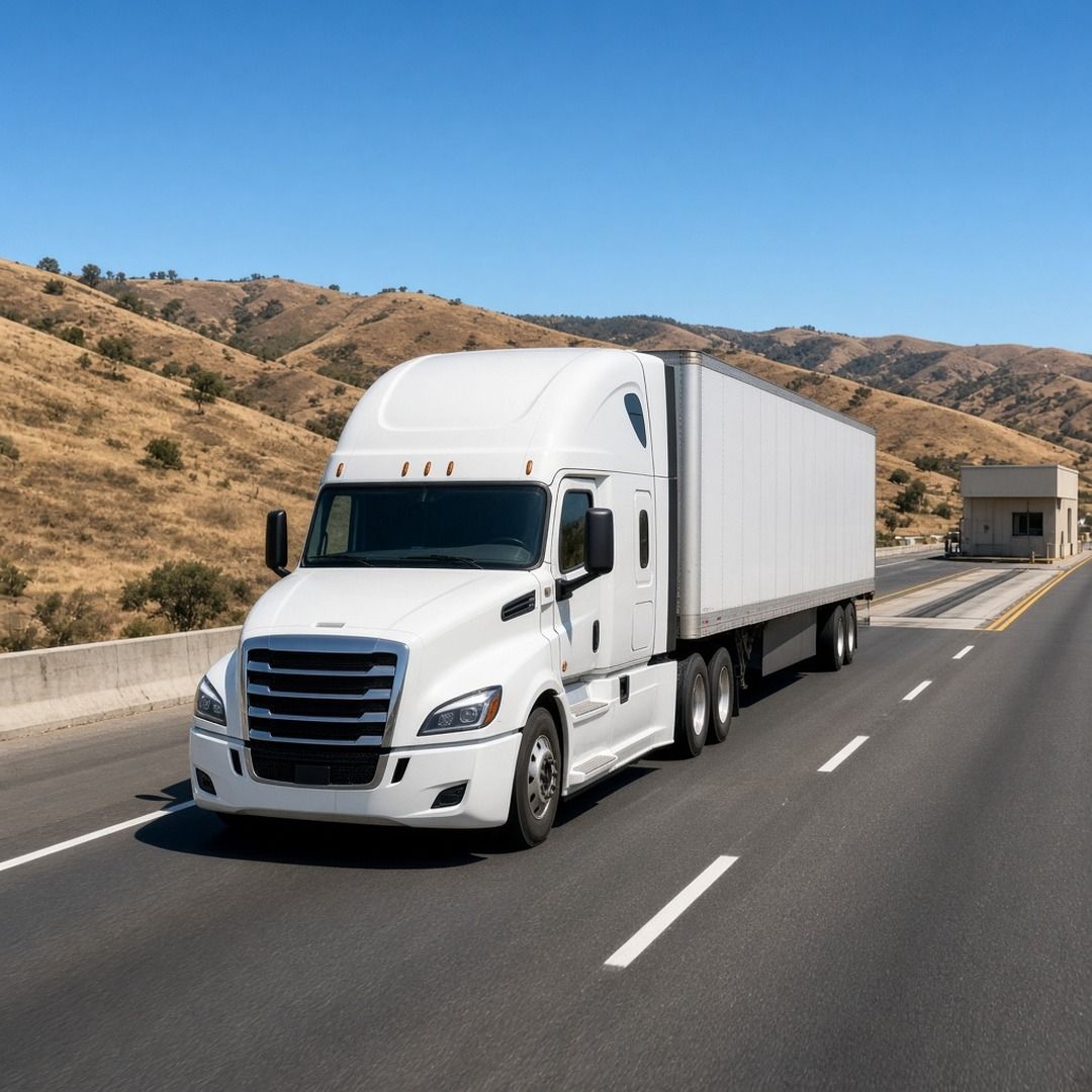 A semi truck rolling on a freeway past a truck scale facility with brown hills behind it on a clear day