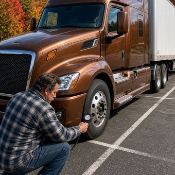 A trucker kneels to check the front tire pressure of a brown semi in a parking lot lined with autumn trees