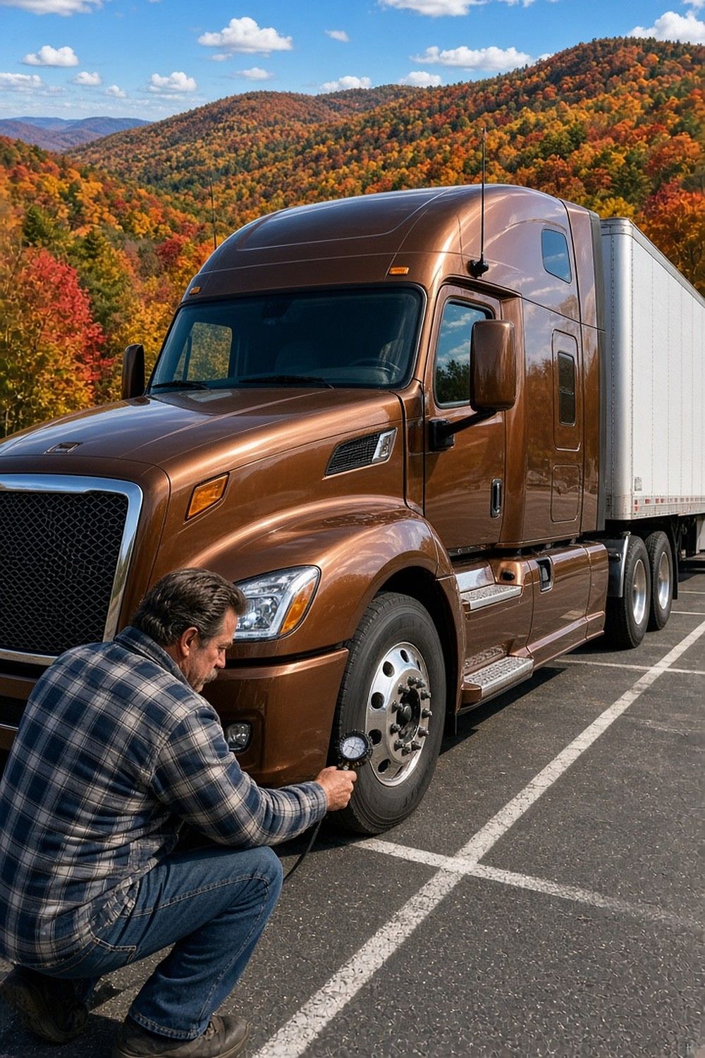 A trucker kneels to check the front tire pressure of a brown semi in a parking lot, with autumn-colored hills behind