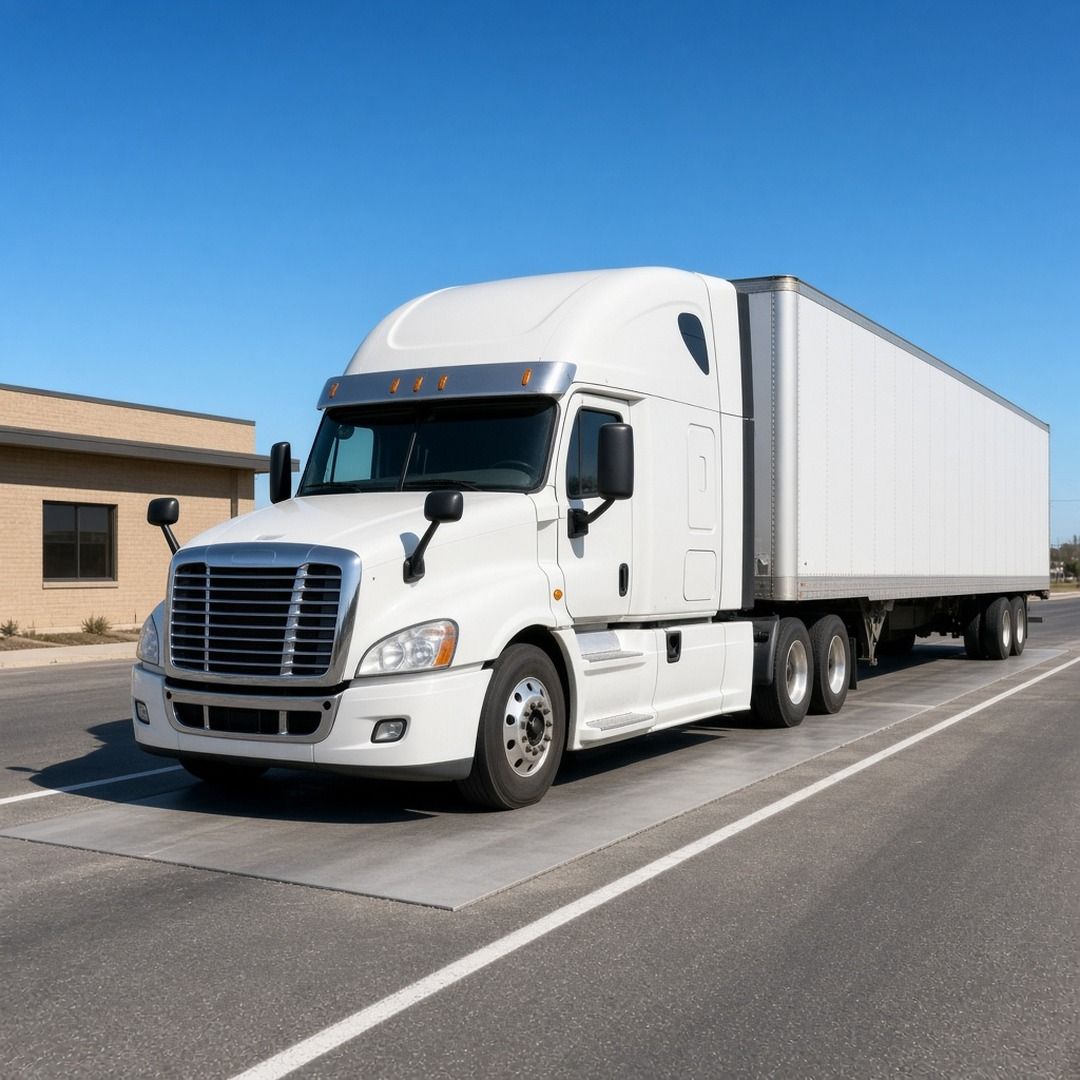 A semi truck rolling slowly onto a weigh station scale on a clear morning