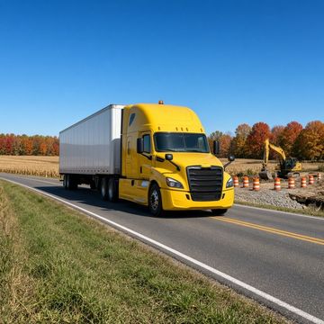 A semi truck on a two-lane rural Indiana highway passing orange construction barrels on a fall day