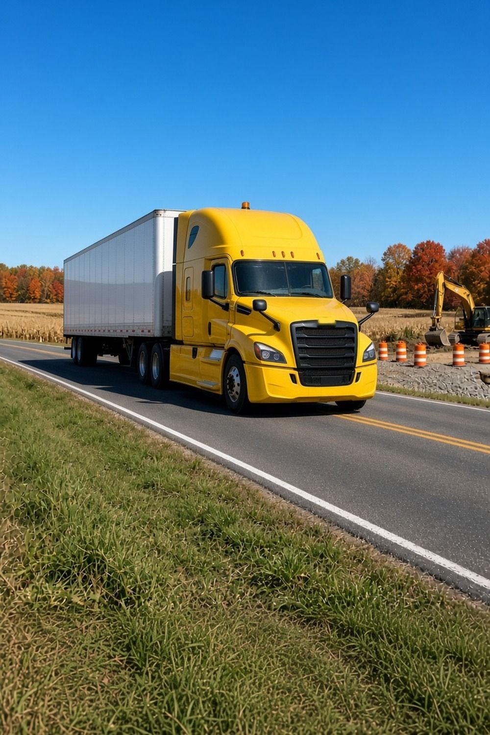 A semi truck on a two-lane rural Indiana highway passing orange construction barrels on a fall day