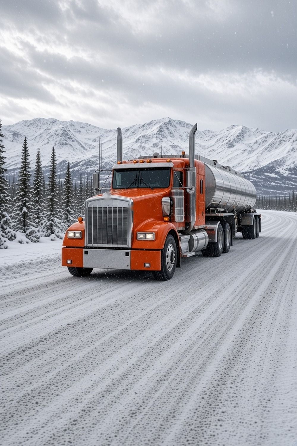 A semi truck driving a snow-covered gravel highway through Alaska's mountains under gray winter skies