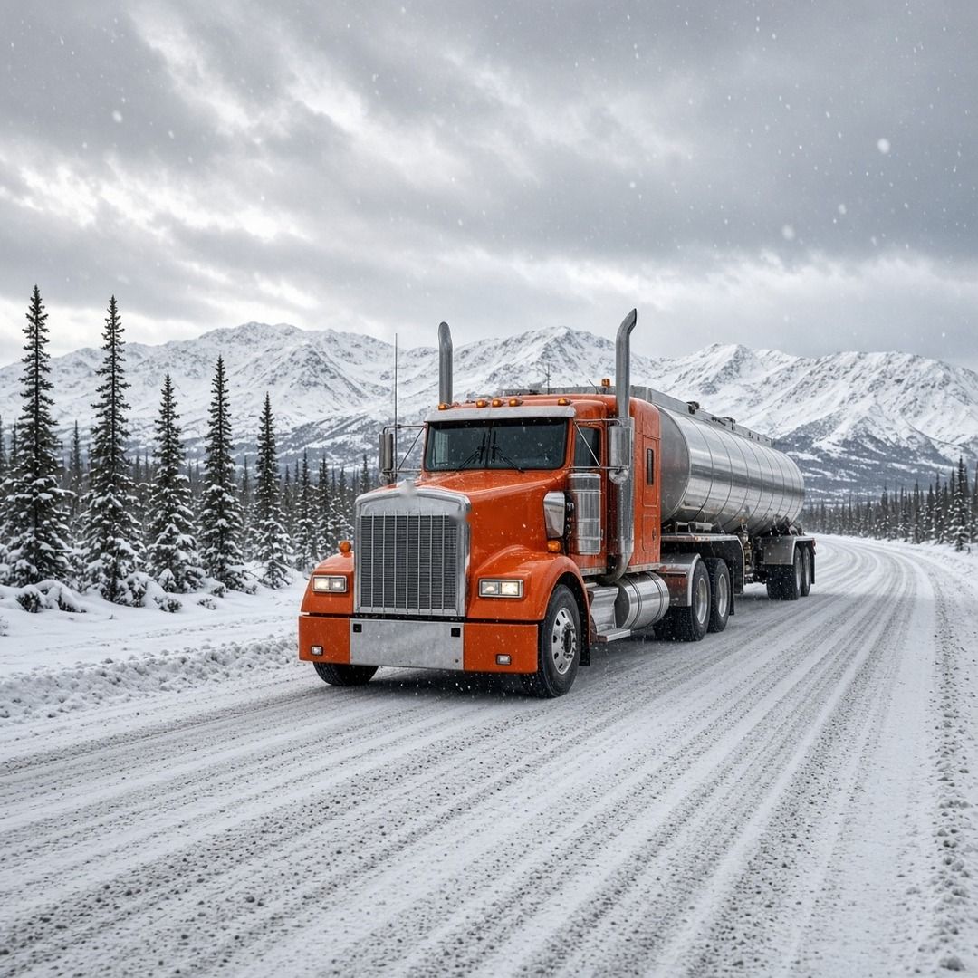 A semi truck driving a snow-covered gravel highway through Alaska's mountains under gray winter skies