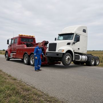 A red heavy wrecker hooks up a white semi tractor on a roadside as a worker in blue coveralls stands by