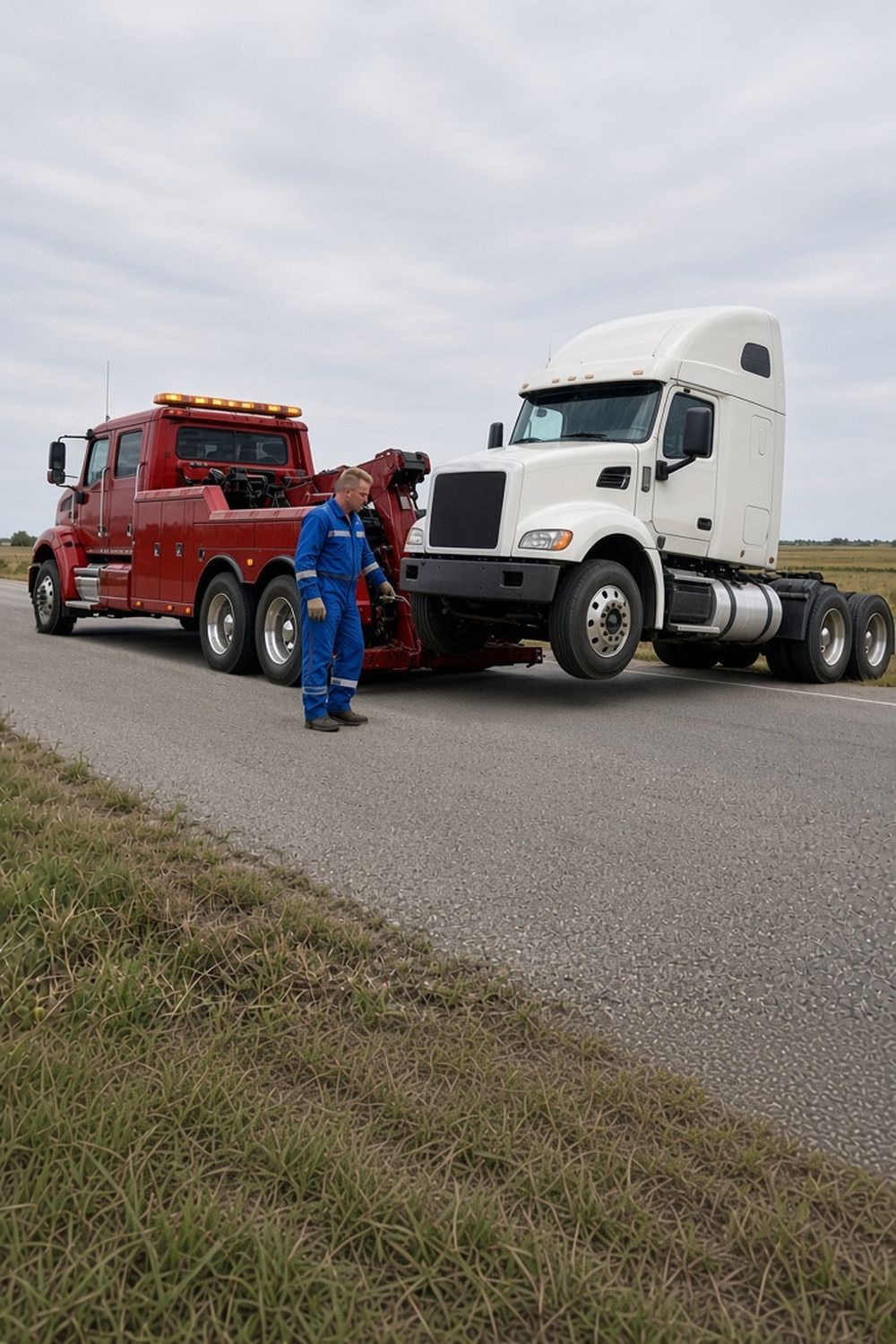 A red heavy wrecker hooks up a white semi tractor on a roadside as a worker in blue coveralls stands by