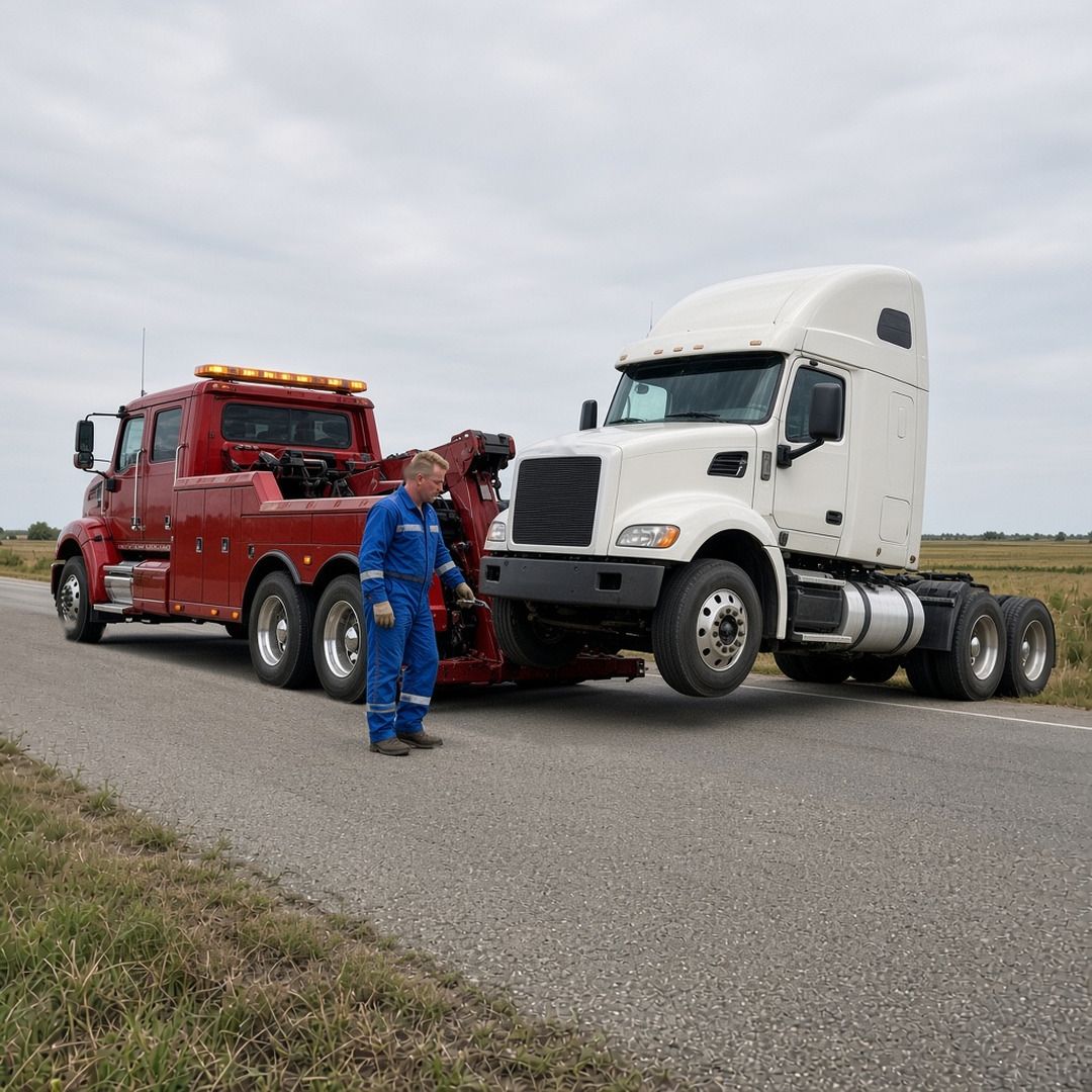 A red heavy wrecker hooks up a white semi tractor on a roadside as a worker in blue coveralls stands by