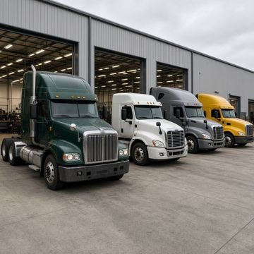 Several semi truck tractors parked outside a large repair shop with open service bays on an overcast day