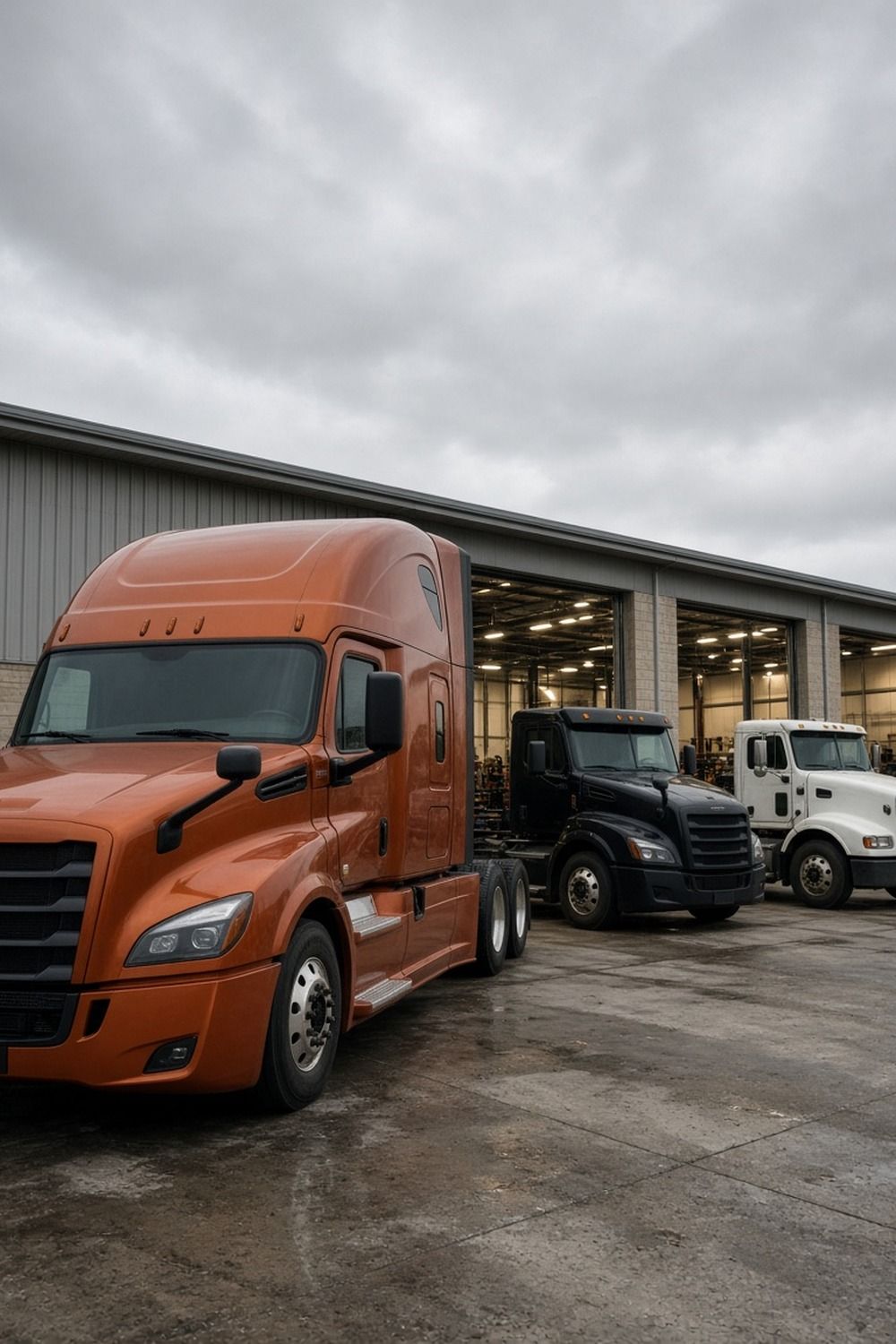 Several semi truck tractors parked outside a large repair shop with open service bays on an overcast day