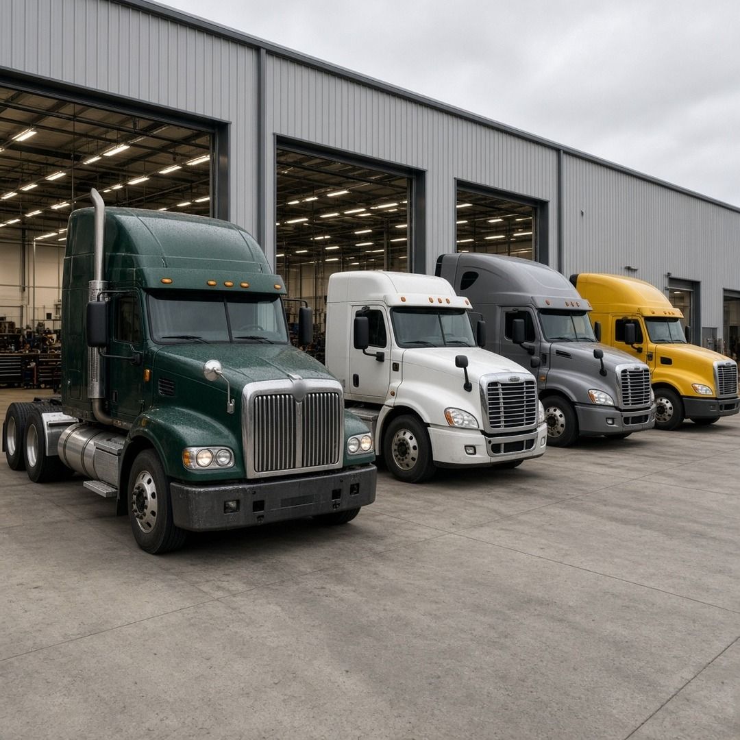 Several semi truck tractors parked outside a large repair shop with open service bays on an overcast day