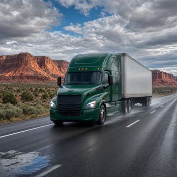 A green semi truck pulling a white trailer on a wet desert interstate after rain, with red rock cliffs and clouds behind