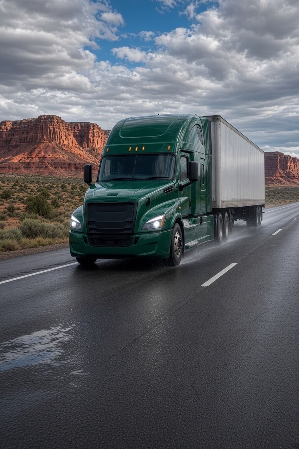 A green semi truck pulling a white trailer on a wet desert interstate after rain, with red rock cliffs and clouds behind