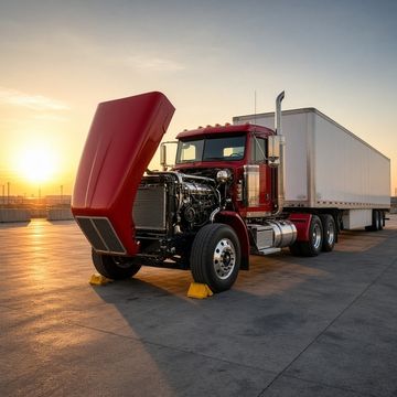 A semi truck with its hood tilted open for an inspection in a clean truck yard at sunrise