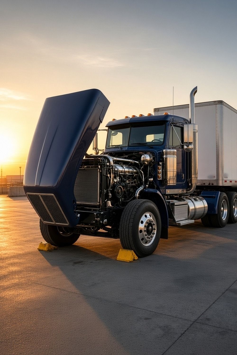 A semi tractor with its long hood tilted forward for a pre-trip inspection in a truck yard at sunrise