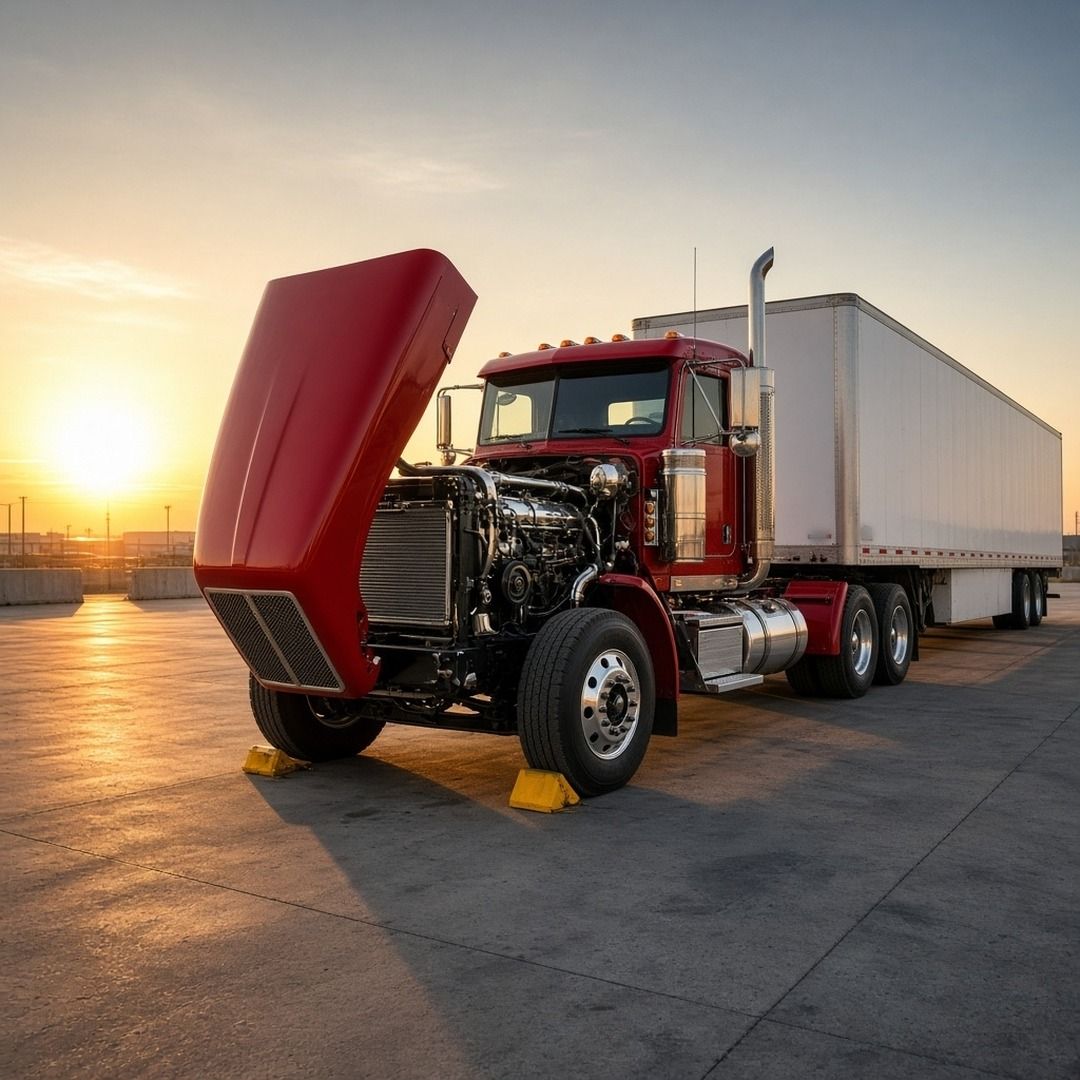 A semi truck with its hood tilted open for an inspection in a clean truck yard at sunrise