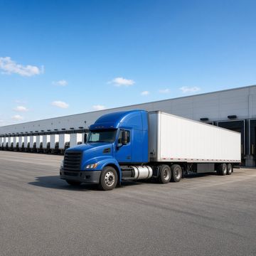Rows of semi trucks backed into loading docks at a large distribution center on a clear morning