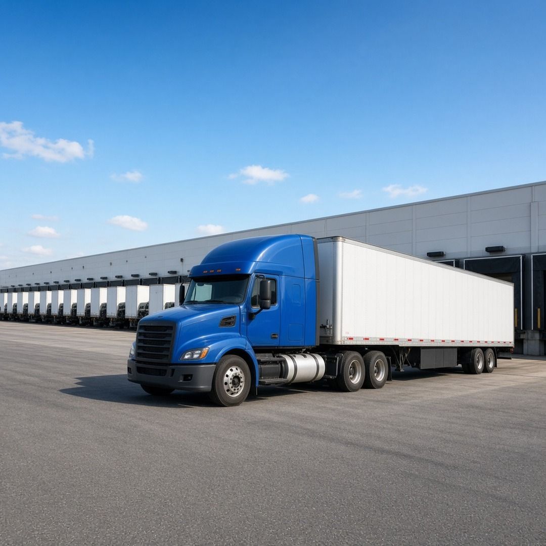 Rows of semi trucks backed into loading docks at a large distribution center on a clear morning