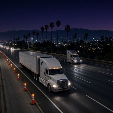 Semi trucks moving on a California freeway at night past orange cones and flashing amber lights along the shoulder